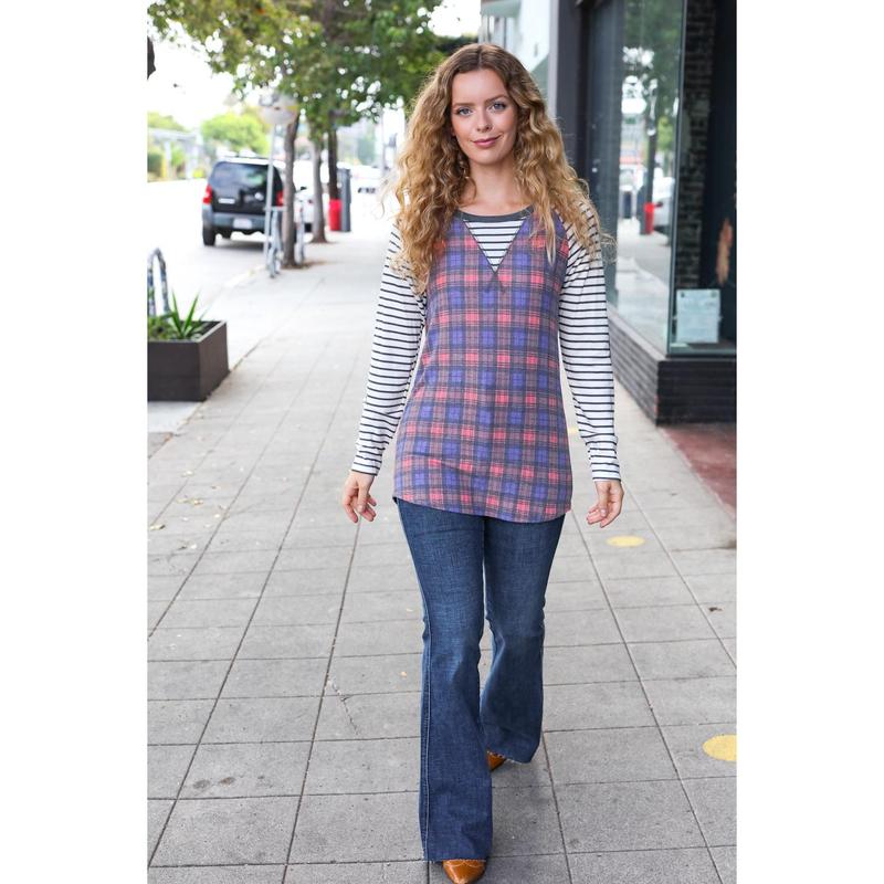 Feeling Playful Plaid/Stripe Outseam Stitch Elbow Patch Pullover