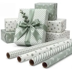 Sage Green Wrapping Paper 4 Rolls  Wrapping Paper with Stripe Polka Dot Check Beige Leaves Design for Wedding  Shower Graduation Birthday Spring Decor - 17 x 120 in(10ft) Per Roll