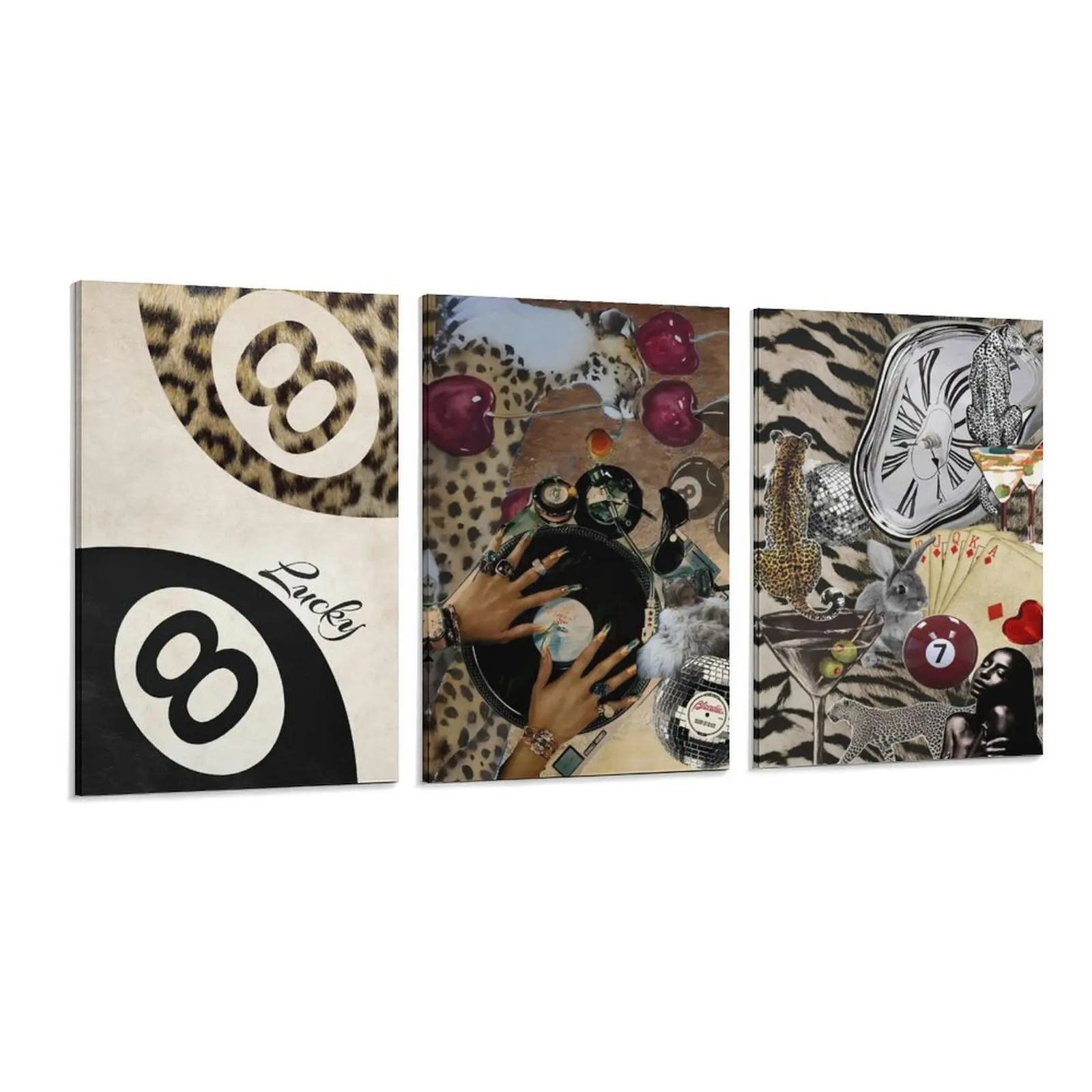 3-Piece Fashion Retro Cheetah Print Wall Art Canvas Prints - Artistic Dark Red Eclectic Posters with 8-Ball Design, Home Decoration Paintings for Bedroom, Living Room, Ideal Gift for Sofa Side