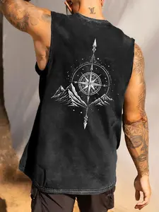 Men's Casual Sleeveless Gym Vest, Comfortable Compass Print Design, Summer Outdoor Sports Tank Top, Fitted Cotton Material