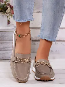 Women's Fashion Chain Decorated Low Top Round Toe Shoes, Casual Lightweight Slip on Shoes, Female Solid All-match Shoes for Daily Wear, Girl