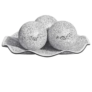 Mosaic Glass Decorative Tray Set, 11.5 inch Plate Bowl with 3 Balls 3.75inch For Table Centerpiece
