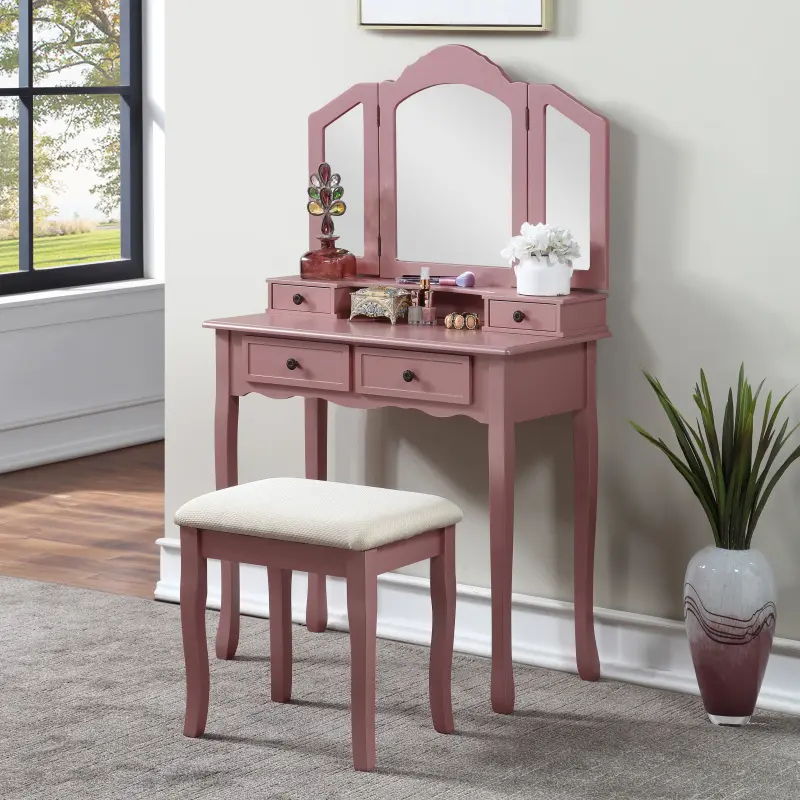 Bellemave Sanlo Glam Makeup Vanity Set - Makeup Desk, Multi-Drawer Vanity Desk Bedroom Furniture with Rose Gold Metallic Accents, 3-Panel Beveled Tri-Fold Mirror, 4 Storage Drawers & Mirror, Upholstered Matching Stool, Requires Assembly, Modern Mirrored B