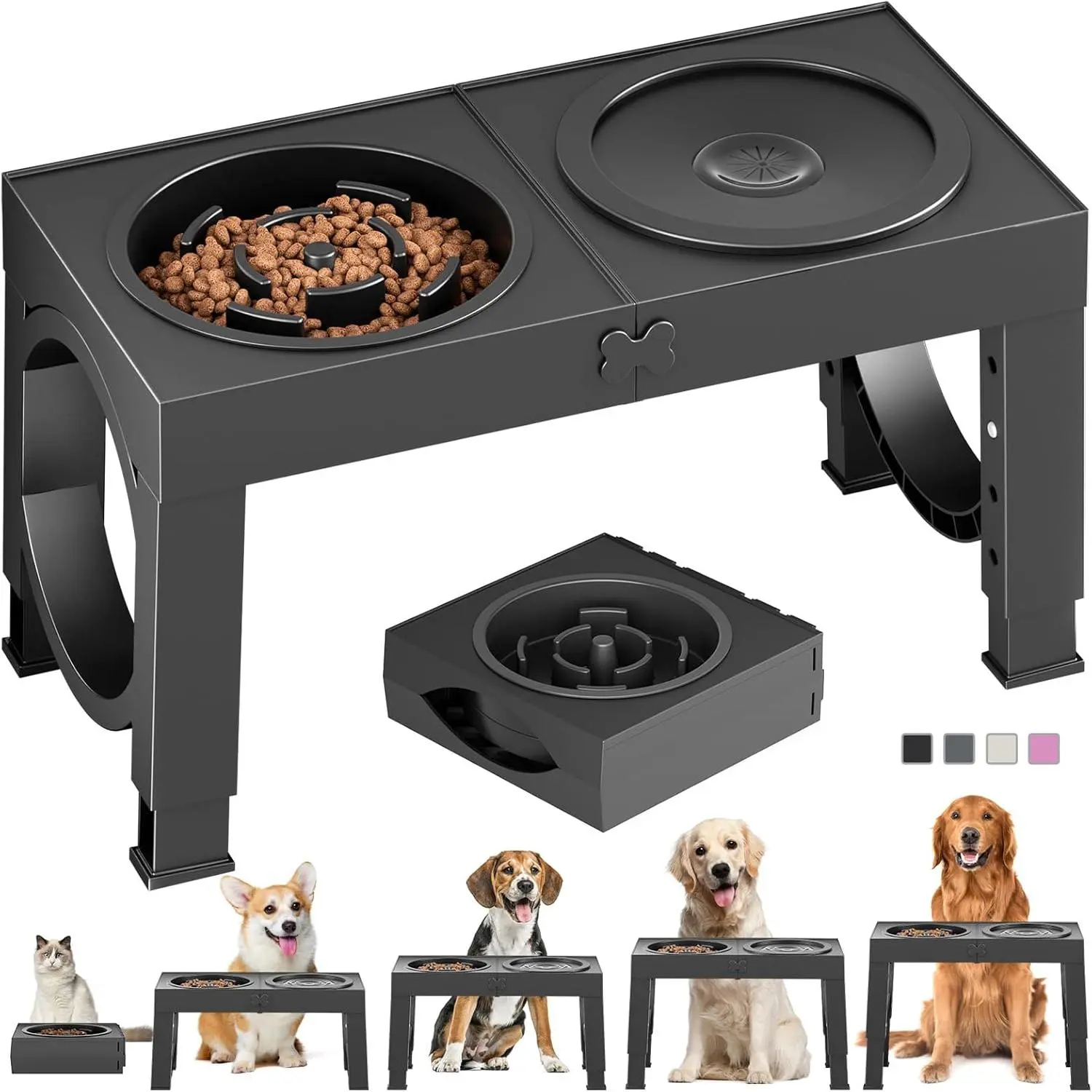 Elevated Dog Bowls Large Breed Raised Dogs Bowl Stand Large/Medium Sized Dog Slow Feeder Dogs Bowls Food Water Stands 5 Heights Adjustable 9/11/12/14in Pet Feeder Dish Station