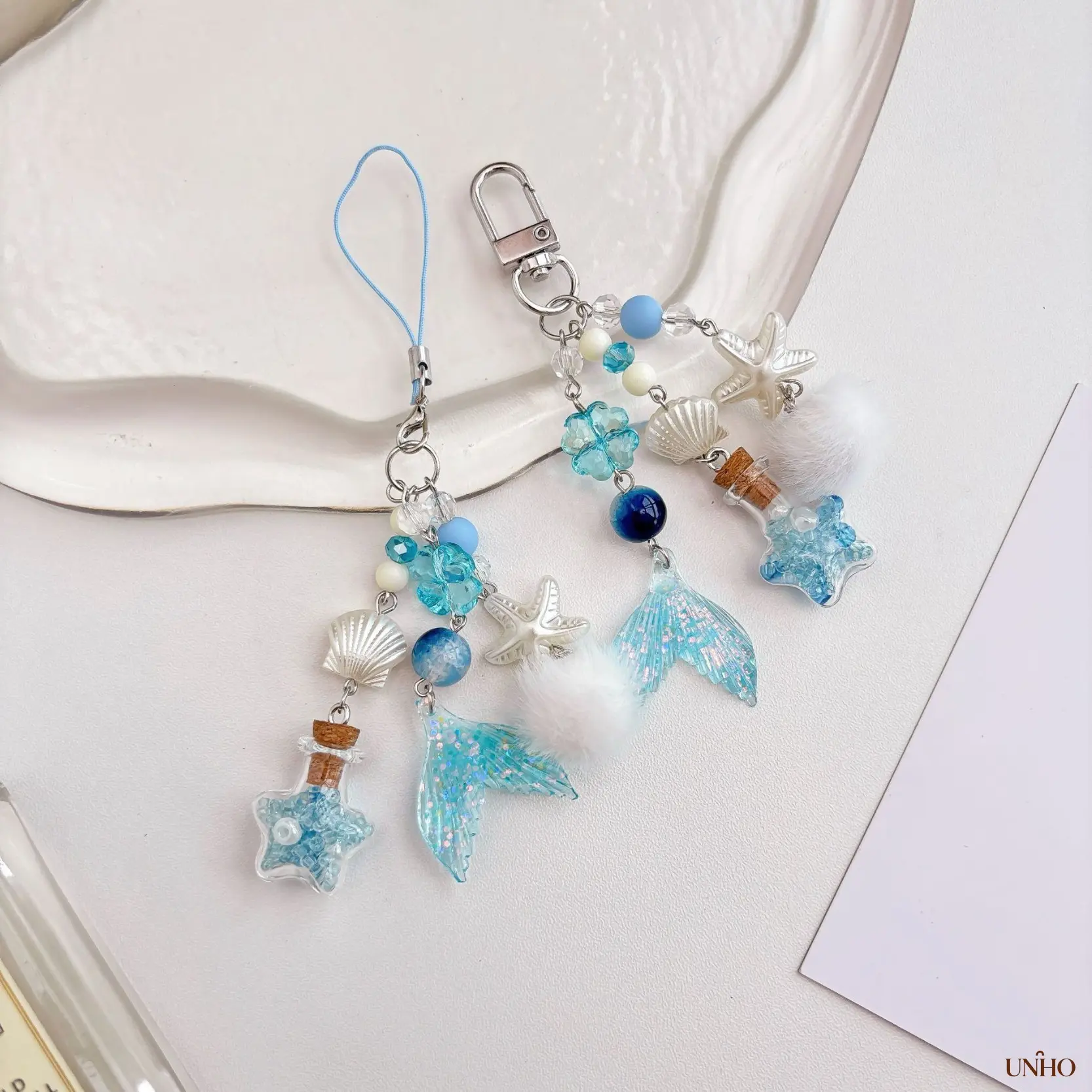 Dreamy Ocean Drift Bottle Key Ring Bag Charm For Women, Blue Ins Aesthetic Pendant With Mermaid Tail And Starfish Detail, Multi Use Decor Accessory For Handbags, Backpacks And Cell Phones Daily Styling