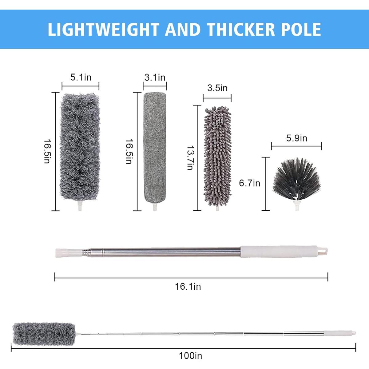 5 in 1 Microfiber Duster Kit with Extension Pole 100 Inch, Cobweb Cleaner for High Ceilings Fans Set Cleaning Extendable