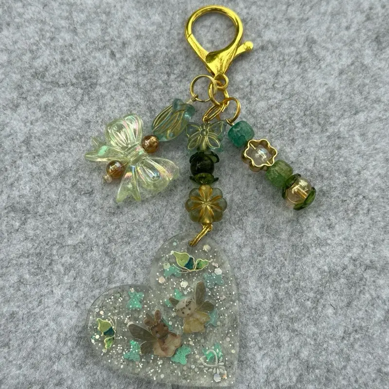 Fairy Core Keychain with Heart Design, Green Beads, and Gold Clasp, Perfect for Keychains and Accessories