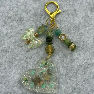 Fairy Core Keychain with Heart Design, Green Beads, and Gold Clasp, Perfect for Keychains and Accessories