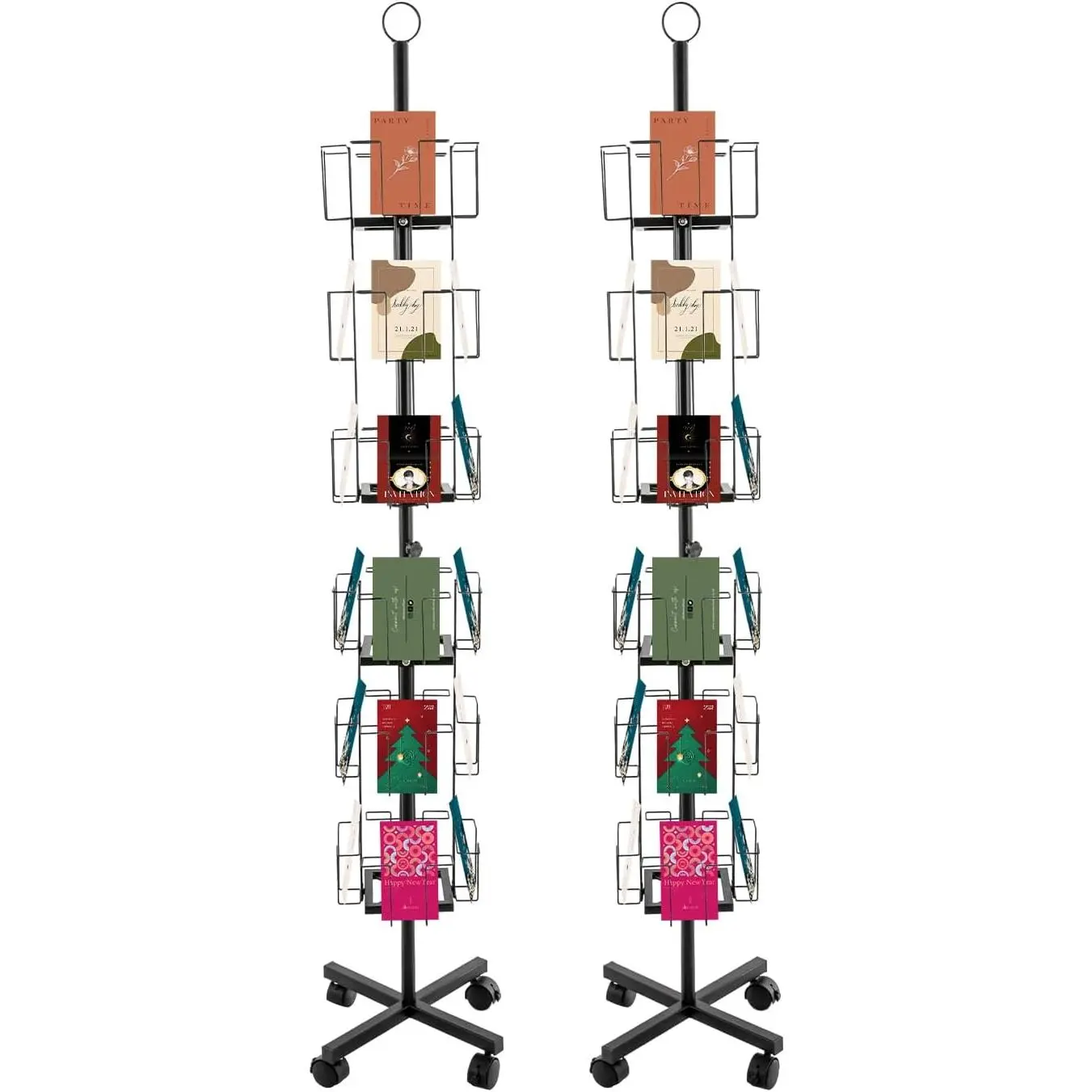 2 Pcs Rotating Greeting Card Rack, 24 Pocket 6 Tier Display Stand 360° Rotating Floor Stand Metal Postcard Holder Pocket Rotating Holder w/4 Wheels for Sticker Holiday Gift Card Retail (Black)
