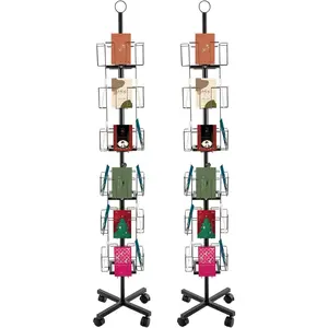 2 Pcs Rotating Greeting Card Rack, 24 Pocket 6 Tier Display Stand 360° Rotating Floor Stand Metal Postcard Holder Pocket Rotating Holder w/4 Wheels for Sticker Holiday Gift Card Retail (Black)
