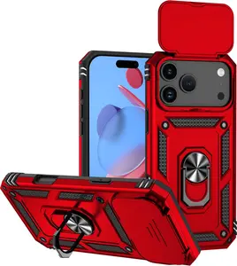 Phone Case for iPhone 17 Pro Max Case with HD Screen Protector & Slide Camera Cover & Rotated Ring Kickstand, [Military-Grade] Phone Case for iPhone 17 Pro Max, Red