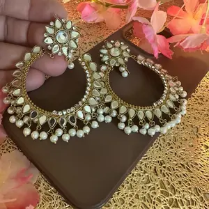 lightweight mirror kundan chandbali earrings in antique gold polish