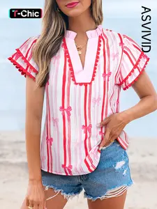 Women's Casual Ric-rac Trim Ruffled Sleeve V Neck Bow Striped Printed Blouse, Perfect for Daily Wear, Stylish and Comfortable