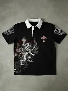 Polo Shirt"FIERCE" Lion & Celtic Cross Graphic Emblem Print Polo Sleeve Contrast Collar Polo | Edgy Gothic Streetwear Aesthetic | Unisex OOTD Essential | TikTok Viral Y2K Trendy Casual Daily Wear Statement Top for Men Women 2026 Spring New Drop