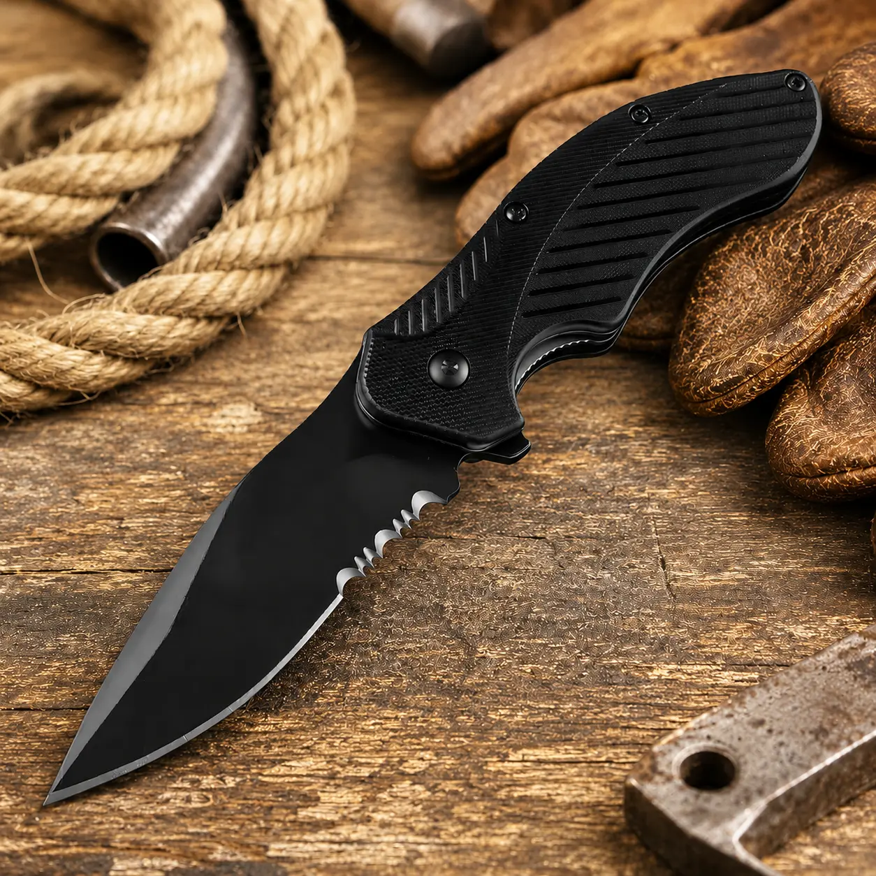 Tactical Pocket Folding Knife with Half Serrated Blade — Black EDC Tool for Men, Outdoor Camping, Survival, Hunting, Emergency Rescue Car Knife, Gift for Husbandcollection knife all steel knife hiking defense