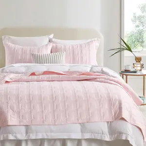 100% Cotton Set Queen Size, Light Pink Pre-Washed 3-Piece Bedspread Coverlet Set, Cozy Lightweight Stitching Bedding Cover with 2 Shams in Geometric Pattern for All Season