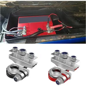 2PCS Battery Terminal Connectors with 3 Way -12V Automotive Top Post Battery Wire Cable Terminals Clamp Connectors Kit, Universal Positive and Negative Set, Copper Plate with 3 Bolt for Car Van Boat