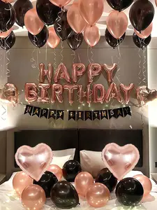16" Rose Gold Happy Birthday Banner Foil Balloon Set (43PCS) – Rose Gold & Black Latex Balloons, Heart-Shaped Foil Balloons, Elegant Birthday & Party Decorations for Women