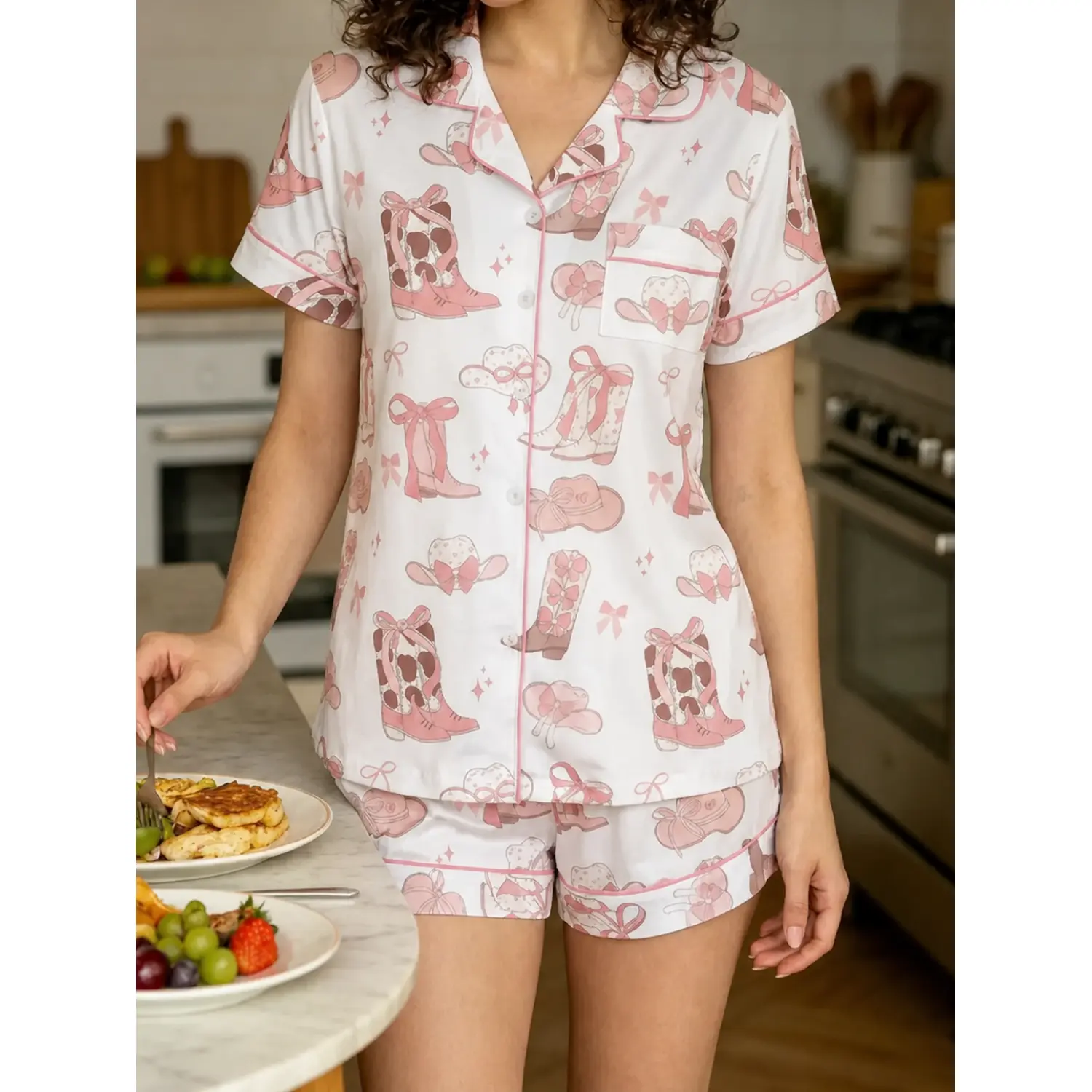 Women's Western Cowboy Boot Print Pajama Set, Short Sleeve Top & Elastic Waist Shorts, Elegant & Comfortable All-Season Sleepwear