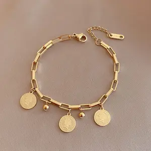 Elegant Coin Pendant Bracelet Hip-Hop Style for Women Durable Stainless Steel Hypoallergenic Everyday Wear Spring Gift