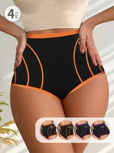QUASTI 4 Pack High Waist Color block Women's Briefs, Breathable Soft Fabric, Full Coverage High Elasticity Shaping Tummy Control Hip Lifting Briefs, Color Block Trim Design Fashion Elegant Women's Briefs,S-XXL