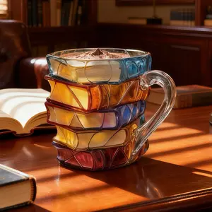 3D Painted Book Cup Colorful Stacking Glass Coffee Mug Durable Ceramic Tumbler Gift Box Set for Home Decor Book Lovers Halloween Christmas Reusable Washable All-Angle Control Drinkware cute