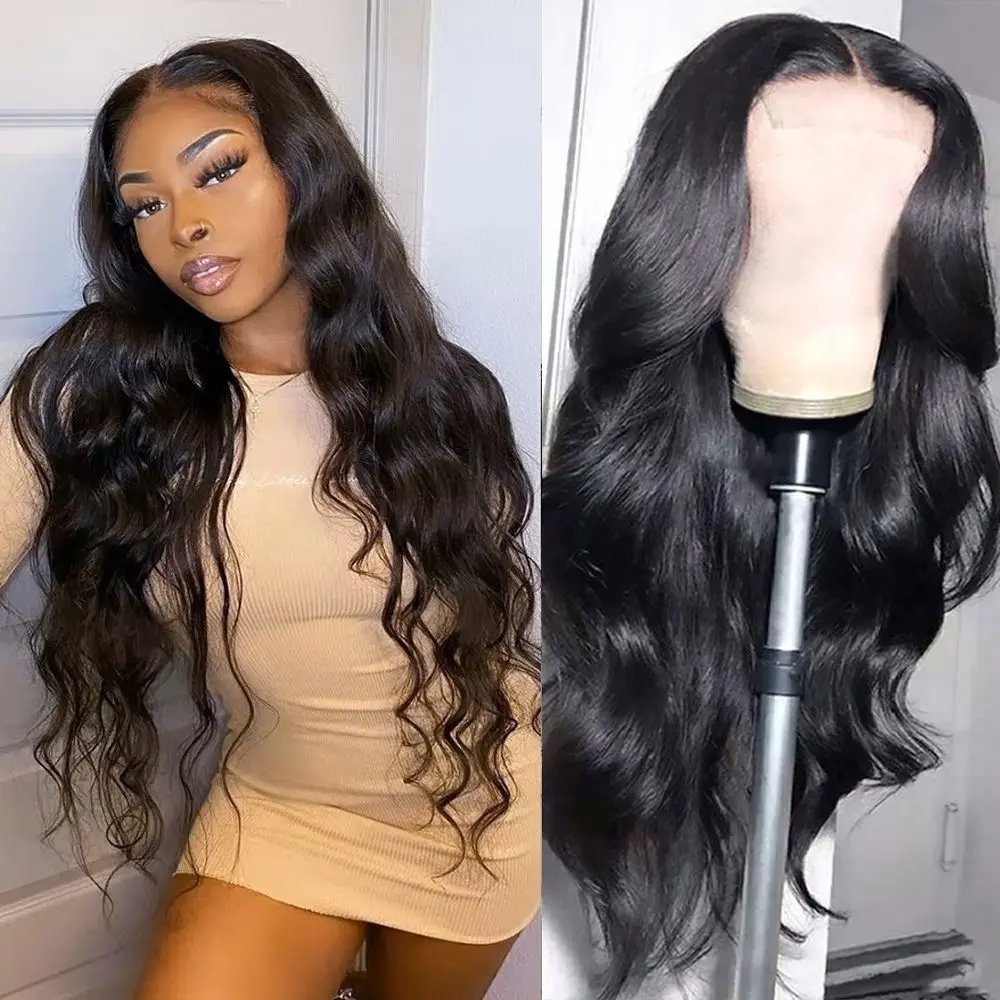 100% Real Human Hair 4x4 Transparent Lace Closure Wig, Ready-to-Wear Glueless Thick Pre-Cut Wig, Body Wave Natural Black Protective Hairstyle Pre-Everything No Glue Needed, Pre Cut Wigs Wavy Wigs Pre Everything Glueless Wig Human Hair