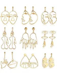 9 Pairs Face & Hand Dangle Earrings for Women, Hollow Statement Geometric Fun Abstract Art Earrings Set, Dainty Fashion Jewelry