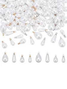 64pcs Teardrop Pearl Pendants, 8 Style Pearl Pendant Connectors Oval Pearl Beads White Imitation Pearl Pendants with Metal Hoop for DIY Earrings Bracelets Necklaces Jewelry Crafts Making