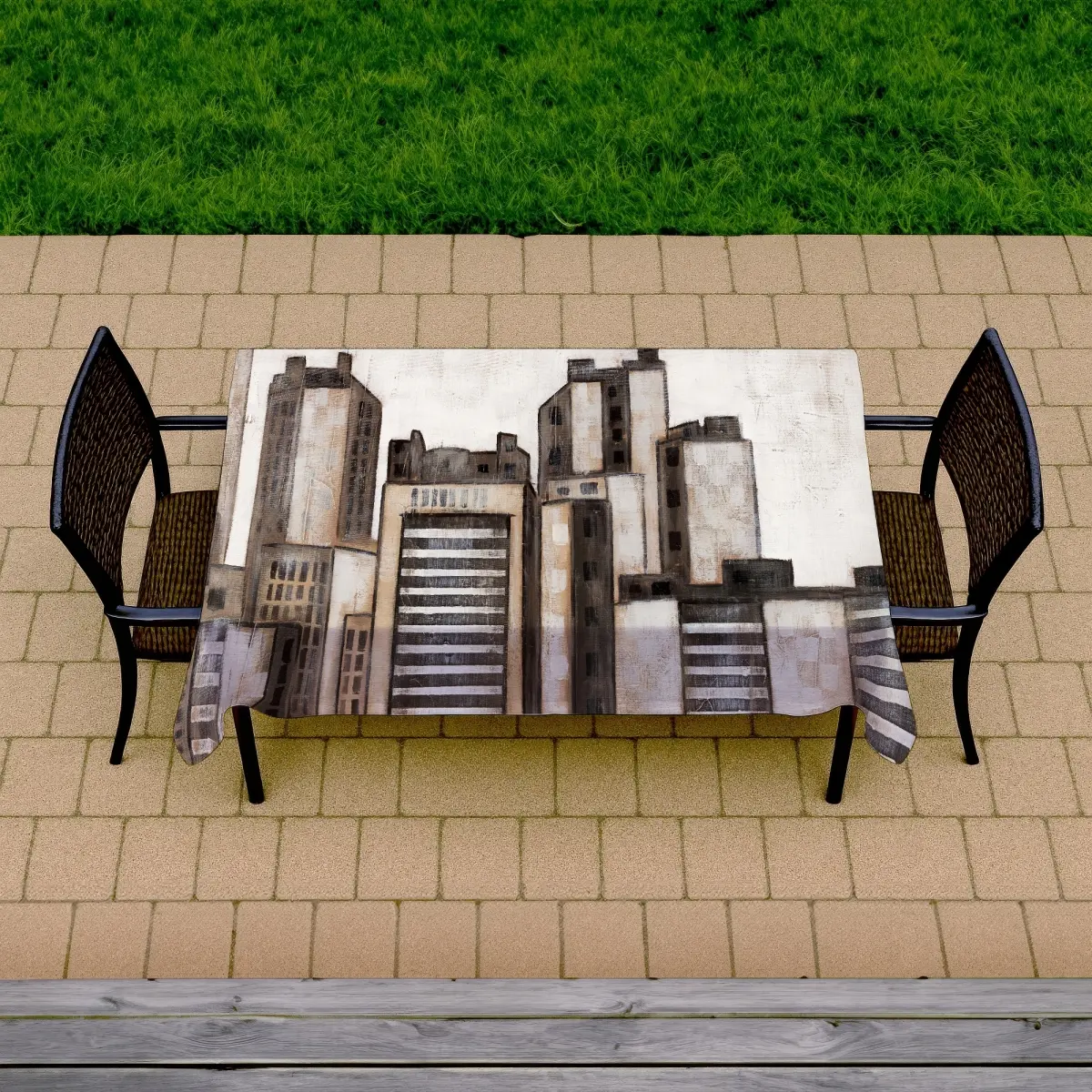 Rectangular Modern Brown Skyscraper Stripe Tablecloth with 360 Stand - 58x102 in, Waterproof, Wipe Clean, Industrial, Durable, for Garden, Indoor Dining Use