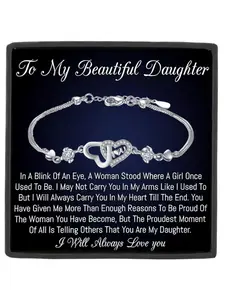 1 Pc Forever Double Heart Bracelet Engraved With I LOVE YOU For Daughter, Gift From Mom,Birthday Gift and Party Gift,With Card and Gift Box,Motivational & Inspirational Gift, Heart Design Bracelet, Heart Shaped Bracelet