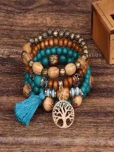 Bohemian Tree of Life Multi-Layer Bracelet Set | Turquoise Wood Beaded Tassel Bracelets for Women