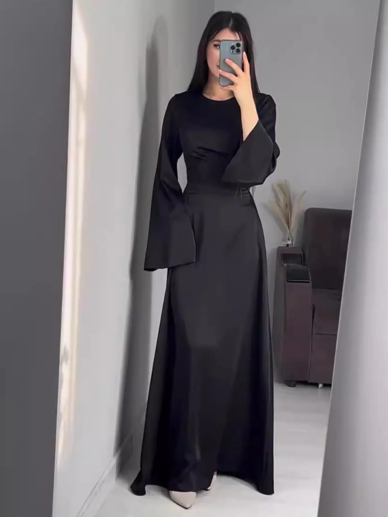 Women's Tie Side Zipper Back Dress, Elegant Long Sleeve Modest solid color  Dress for Daily Wear,