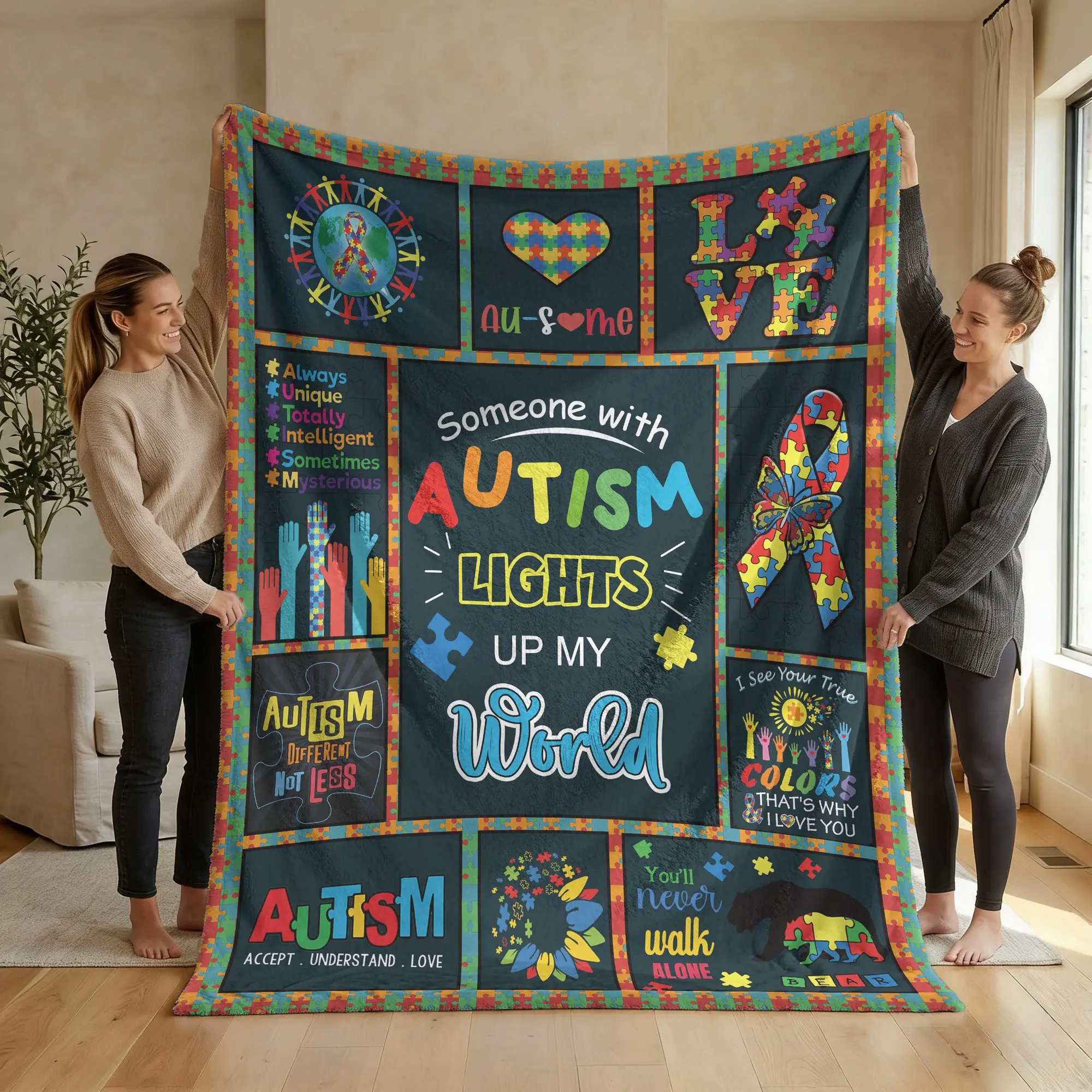 Autism Spectrum Grid Pattern Blanket, Heartfelt Gift Blanket, Soft Warm Comfortable, Multi-Size Options, Bed Sofa Office Nap Air Conditioning Cover, Outdoor Camping, Blanket Gifts