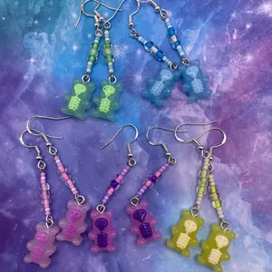 Skeletal Gummy Bear Dangly Earrings - UV Reactive Beads, Halloween & Rave Accessories