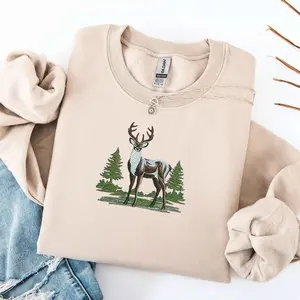 Vintage Buck Deer Embroidered Sweatshirt - Retro Forest Wildlife Graphic Crewneck - Aesthetic Hunting Nature Apparel - Unique Gift for Outdoorsmen and Nature Lovers