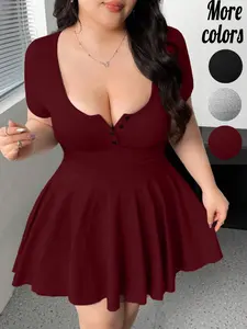 Plus-Size, Chic Short Sleeve Button Front A-Line Mini Dress, Y2K Sweetheart Style, Stretchy Cinched Waist & U-Neck Detail, For Curvy Women, Perfect for Date Night, Brunch & Casual Summer Wear, Women's Plus-Size Skater Dresses 2026 | TikTok Viral Find