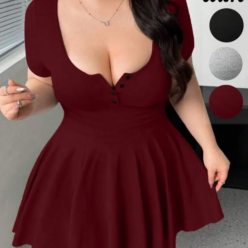 Plus-Size, Short Sleeve Button Front A-Line Mini Dress, Elasticized Waist Dress, Y2K Sweetheart Style, Stretchy Cinched Waist & U-Neck Detail, For Curvy Women, Date Night, Brunch & Casual Summer Wear, TikTok Viral Find