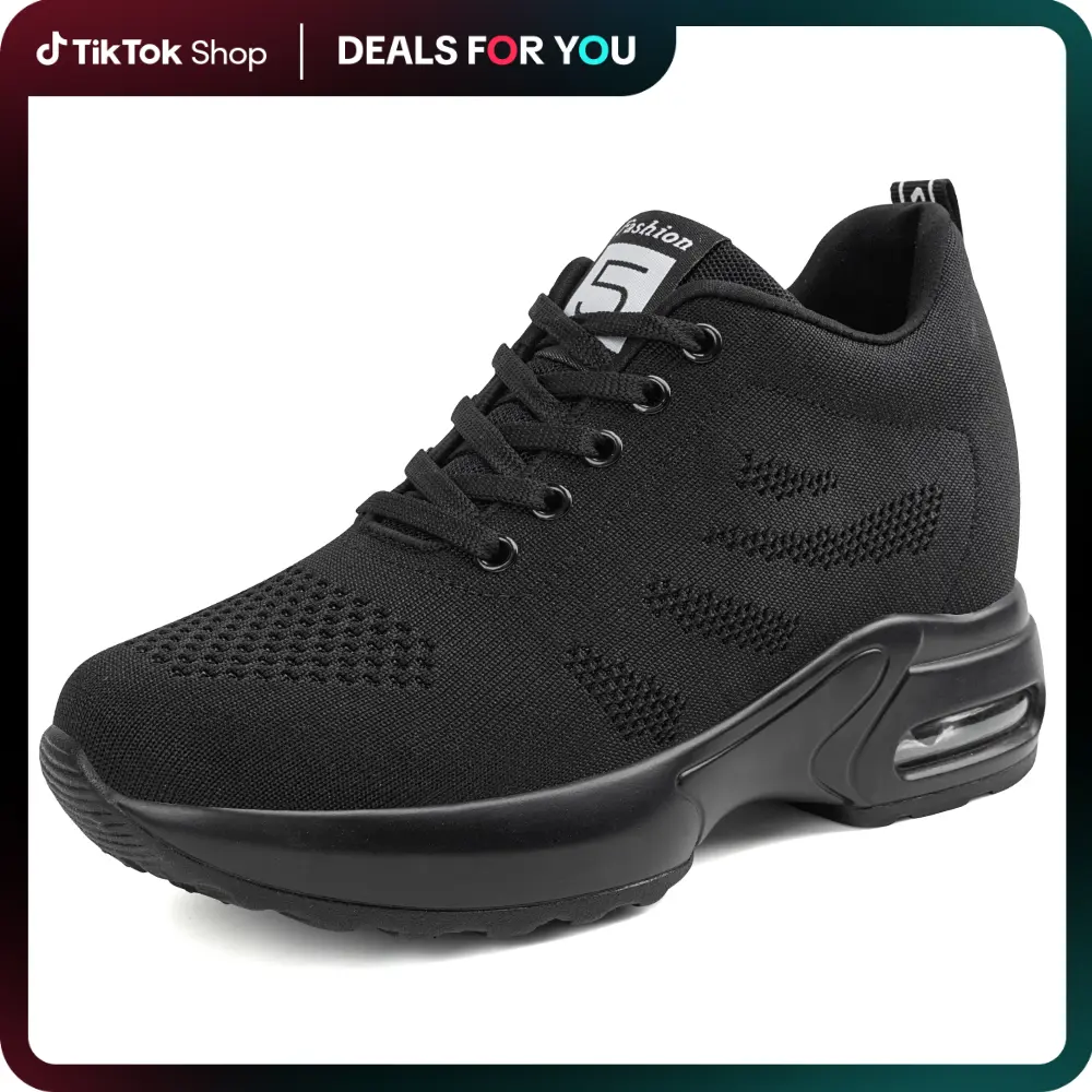 Women's Casual Athletic Fashion Trainers, Breathable Mesh Knit Hidden Wedge Sneakers with Thick Sole and Arch Support for Walking, Breathable Casual Sneakers, Casual Sneaker Trainer