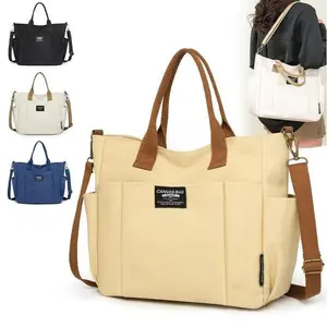 2026 Trendy Preppy College Canvas Tote Bag, Solid Color Multi-Pocket Large Capacity Zipper Bag, Convertible Shoulder Crossbody Bag for Fall Outfits & Gift