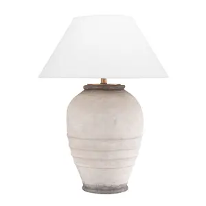 Decatur Table Lamp With Ceramic Body, Ash Finish, Gradient Effect, And White Linen Shade