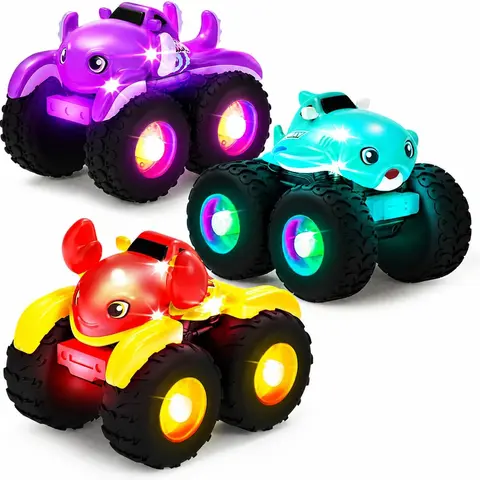 Tub Works Toddler 3-Pack Light Up Monster Truck Bath Toys Set - Chunky Grip, Water-Activated Flashing Lights, Color-Changing Soft PVC Sensory Bathtub Toys for Toddlers