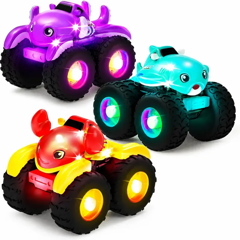 Tub Works Toddler 3-Pack Light Up Monster Truck Bath Toys Set - Chunky Grip, Water-Activated Flashing Lights, Color-Changing Soft PVC Sensory Bathtub Toys for Toddlers