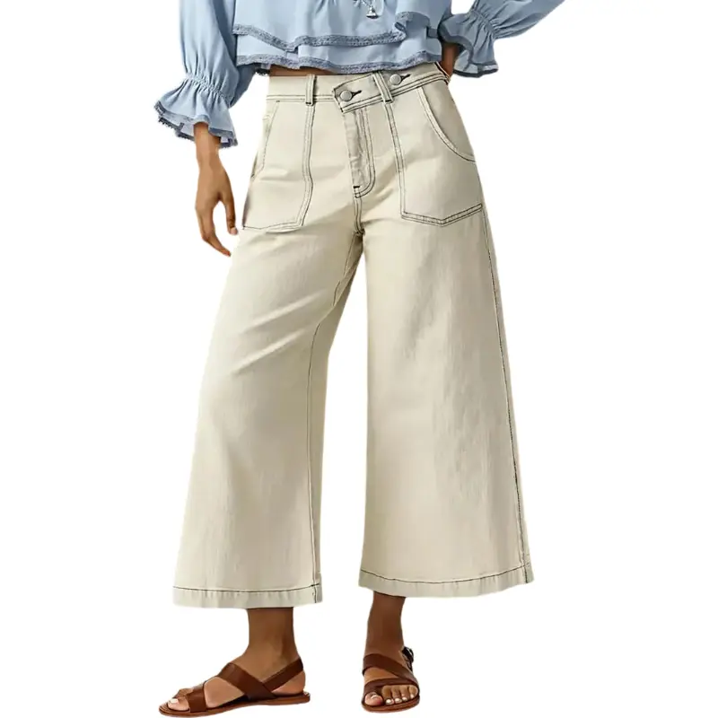 Flamingals Contrast Stitch Crossover High Rise Wide Leg Crop Pants Stretchy 25.4'' Inseam