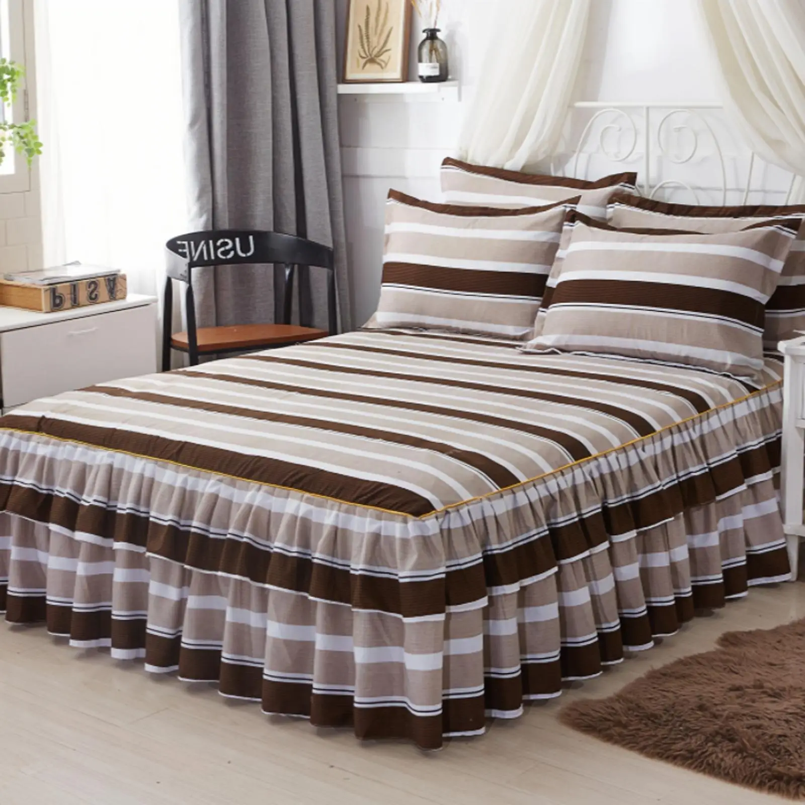 Bedroom Decor Striped Print Fully Enclosed Printed Ruffled Edge, 3 Counts/set Including 1 Count Bed Skirt & 2 Counts Pillowcase without Filler, Soft C