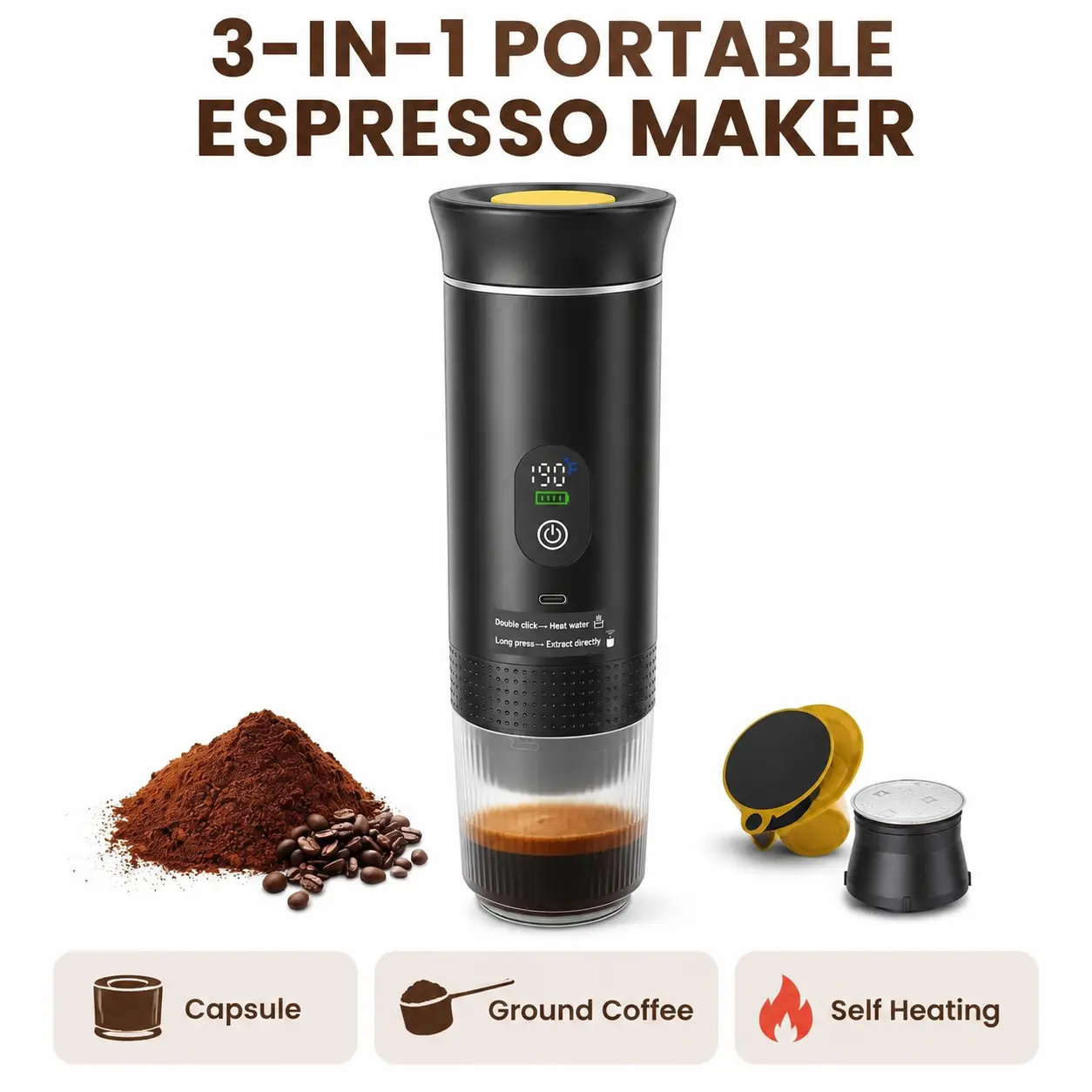 Cordless Portable Self-Heating Espresso Machine - 3-in-1 20Bar Coffee Maker with 7500mAh Rechargeable Battery, Ground Coffee & Capsule Compatibility, Anti-Dry Burn Protection, Compact Travel Size for Camping, Office, Home, Holiday Mother’s Day Gift