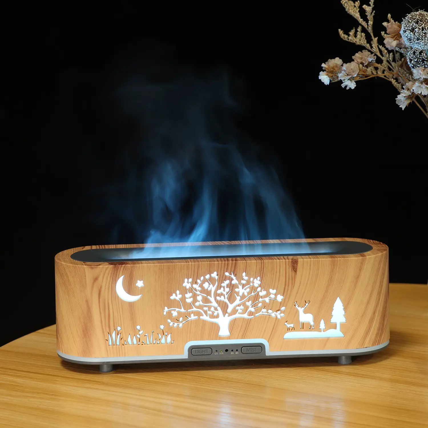 Wood Finish Hollow Elk Humidifier-Air Purifier with Auto Shutoff, Mist+Light Function, Moon Theme Flicker Night Light, Scented Essential Oil Diffuser, Sleep Aid, Space-Saving, Portable, Warm Ambiance for Home, Travel, Luminous, Office