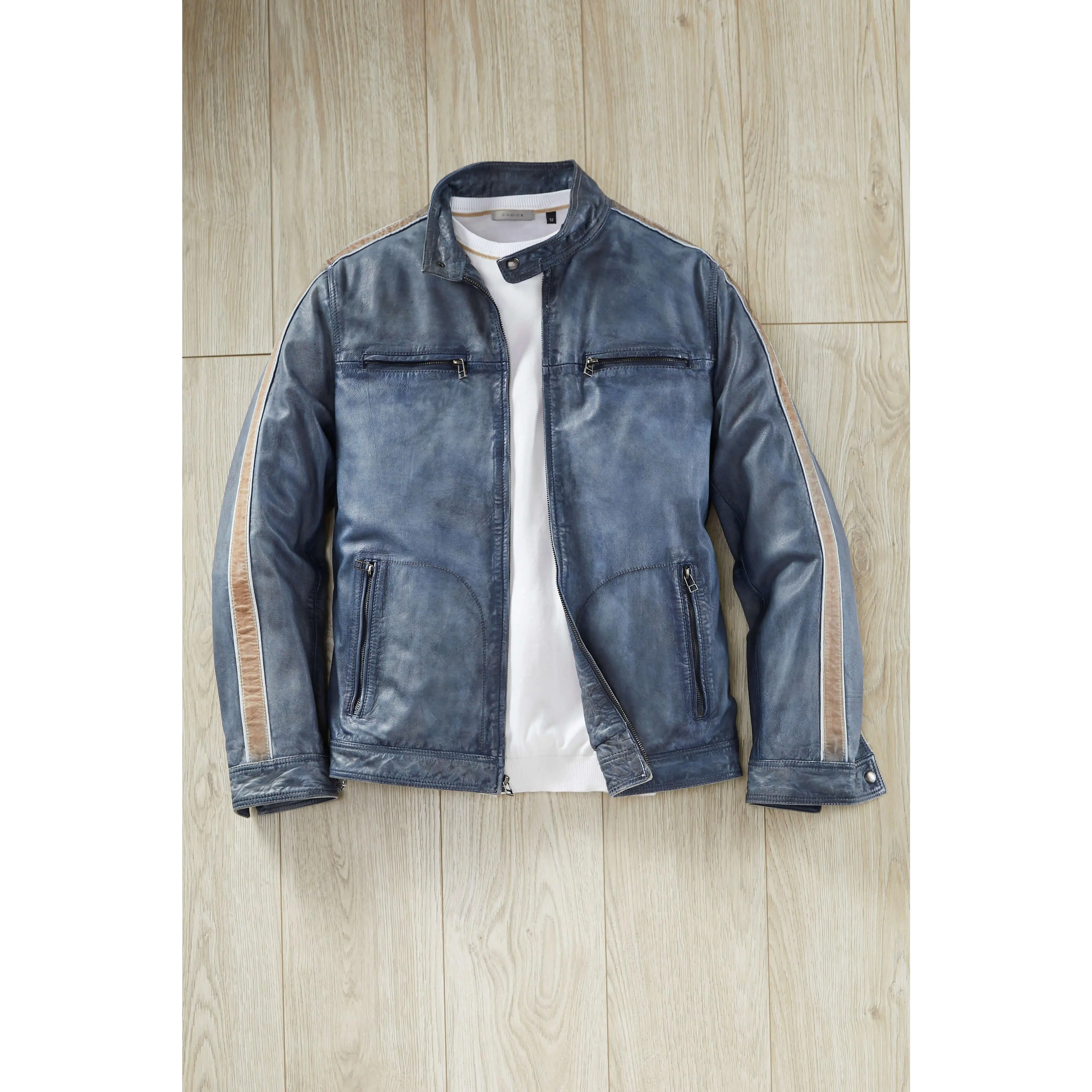 Patrick James Men's Distressed Italian Leather Moto Jacket - Long-Sleeve Biker Coat with Stripe-Accent Sleeves, Zipper Pockets, Washed Finish