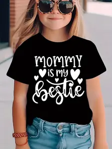 PUEMCO Girls' "Mommy is my Bestie" Letter Print T-Shirt - Soft Cotton Short Sleeve Tops, Casual Kids' Tee with Heart Accent
