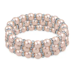 Set of 3 Light Pink Simulated Pearl Stretch Bracelets with Crystal Spacers